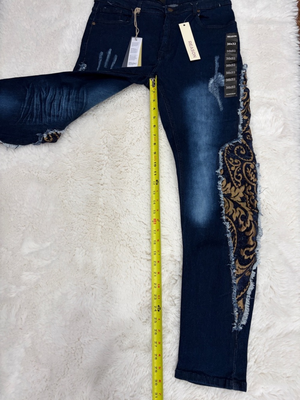 Reason Embroidered Side-Panel Skinny Jeans - Navy & Gold,Size 36x32 - Picture 15 of 17